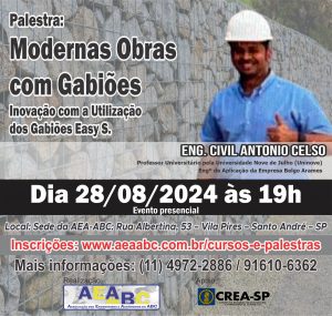 Leia mais sobre o artigo Associação promove palestra presencial gratuita sobre Modernas Obras com Gabiões Eletrosoldados.